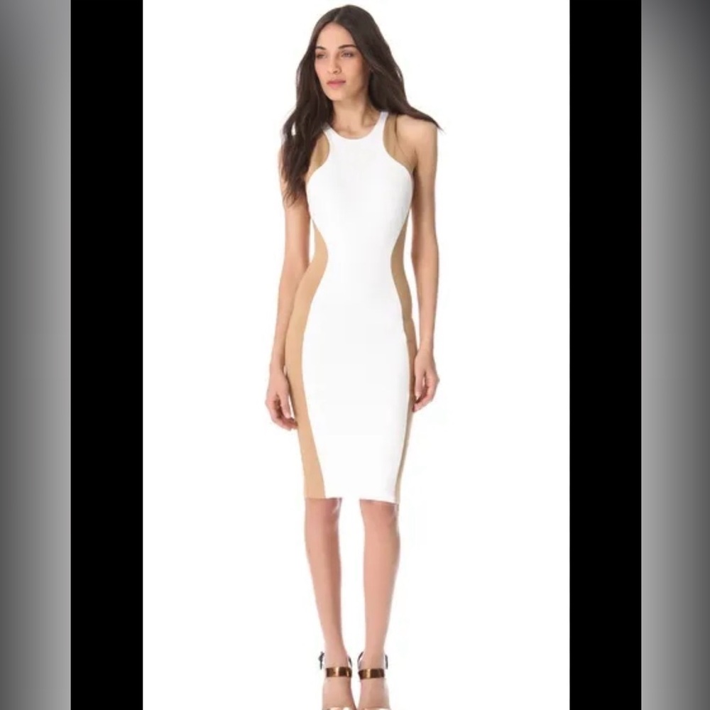 Torn by Ronny Kobo Shiran Illusion White and Tan Midi Dress Sz Small